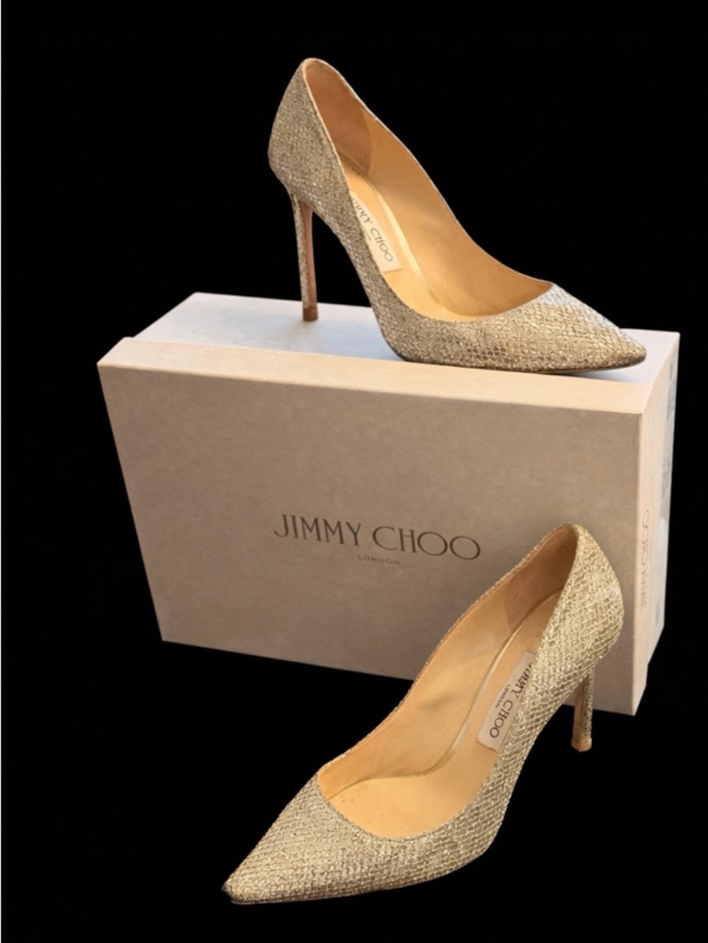 Jimmy Choo Champagne Glitter Heels - Romy 100